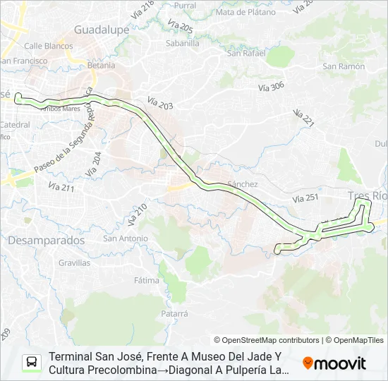SAN JOSÉ - TRES RÍOS - CALLE MESÉN - QUEBRADAS Bus Line Map