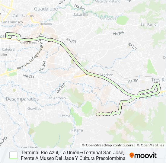 SAN JOSÉ - TRES RÍOS - CALLE MESÉN - QUEBRADAS bus Line Map