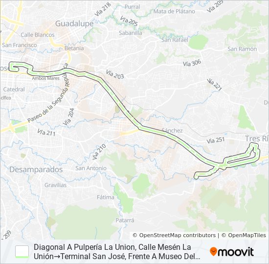 SAN JOSÉ - TRES RÍOS - CALLE MESÉN - QUEBRADAS bus Line Map
