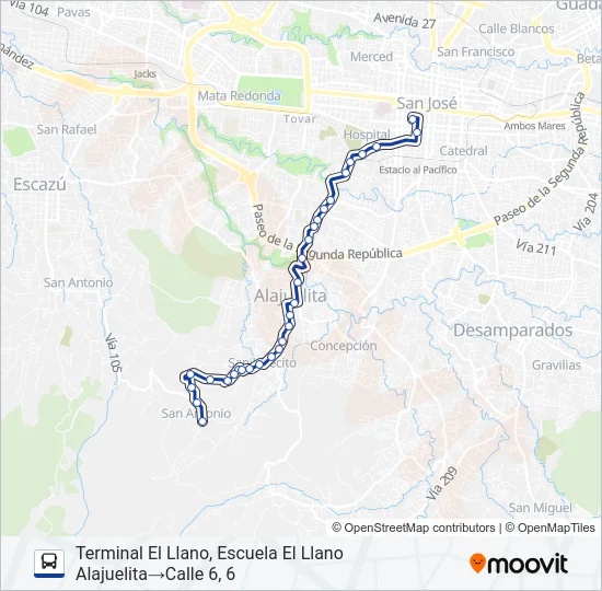 SAN JOSÉ - ALAJUELITA- EL LLANO Bus Line Map
