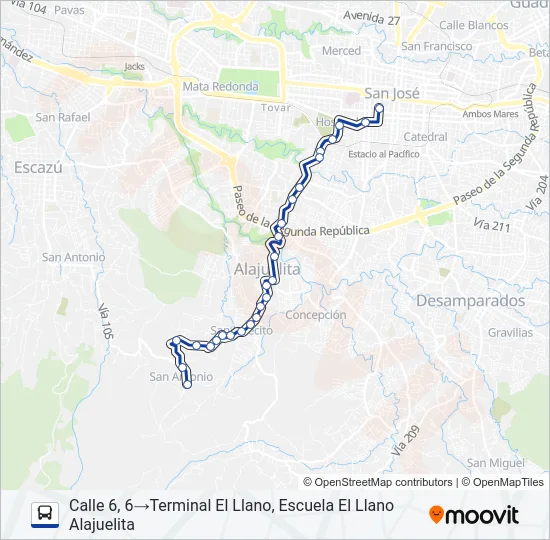 SAN JOSÉ - ALAJUELITA- EL LLANO Bus Line Map