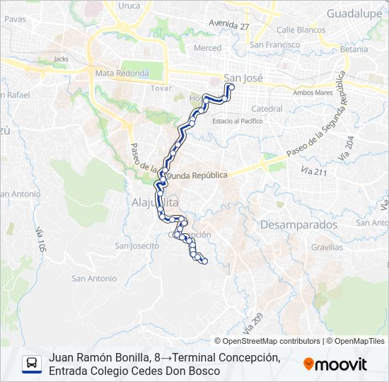 Mapa de SAN JOSÉ - ALAJUELITA - CONCEPCIÓN de autobús