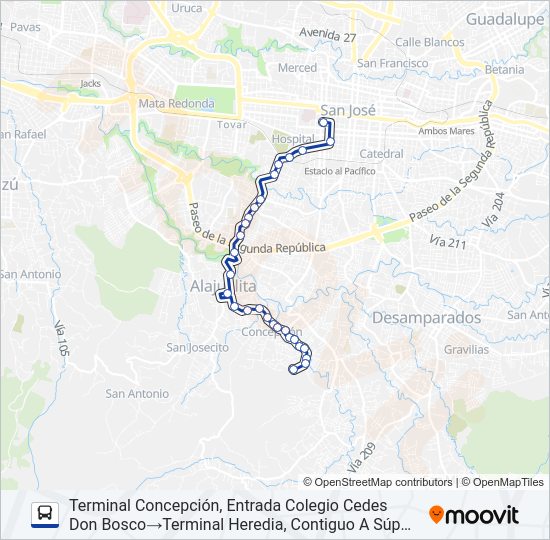 Mapa de SAN JOSÉ - ALAJUELITA - CONCEPCIÓN de autobús