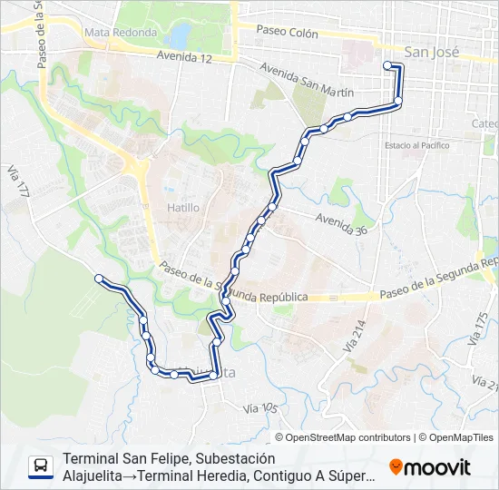SAN JOSÉ - ALAJUELITA - SAN FELIPE Bus Line Map