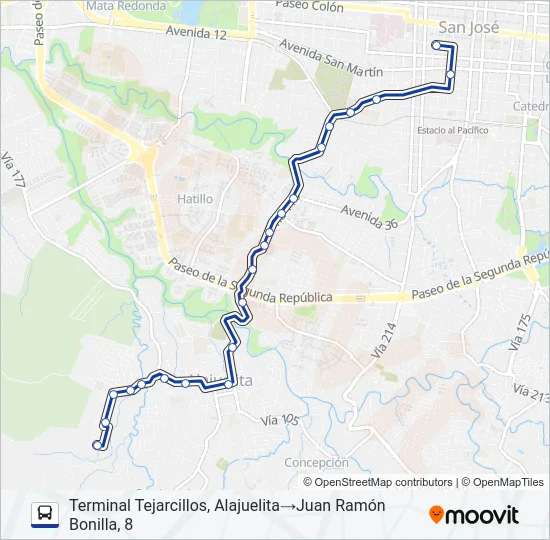 SAN JOSÉ - ALAJUELITA - TEJARCILLOS Bus Line Map