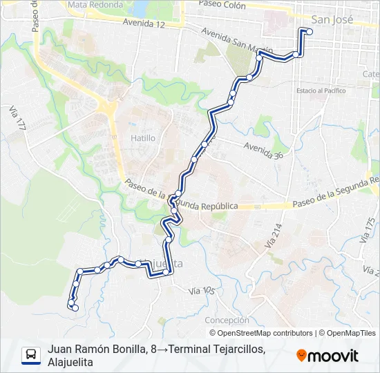 SAN JOSÉ - ALAJUELITA - TEJARCILLOS Bus Line Map