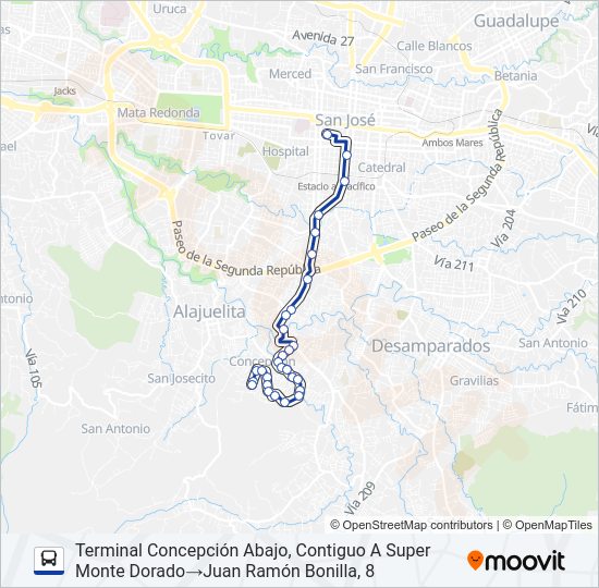 SAN JOSÉ - CONCEPCIÓN ARRIBA ALAJUELITA Bus Line Map