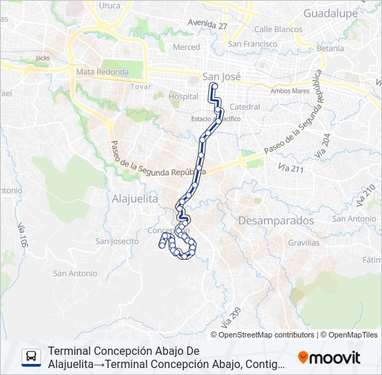 Mapa de SAN JOSÉ - CONCEPCIÓN ARRIBA ALAJUELITA de autobús