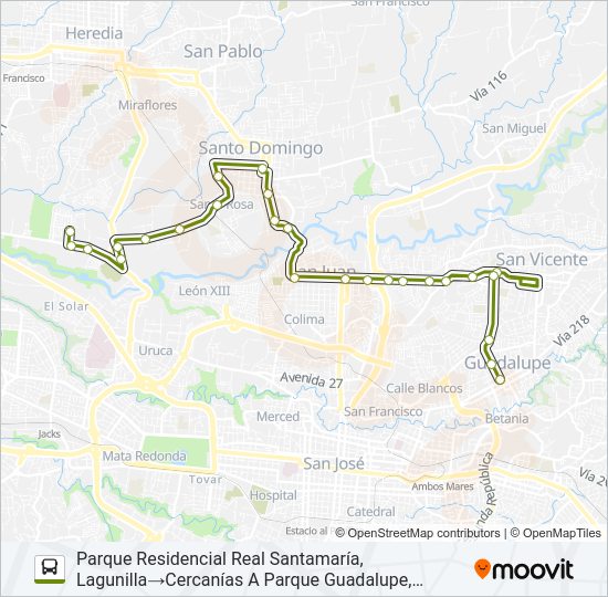 Mapa de INTER GUADALUPE - MORAVIA - LA VALENCIA de autobús