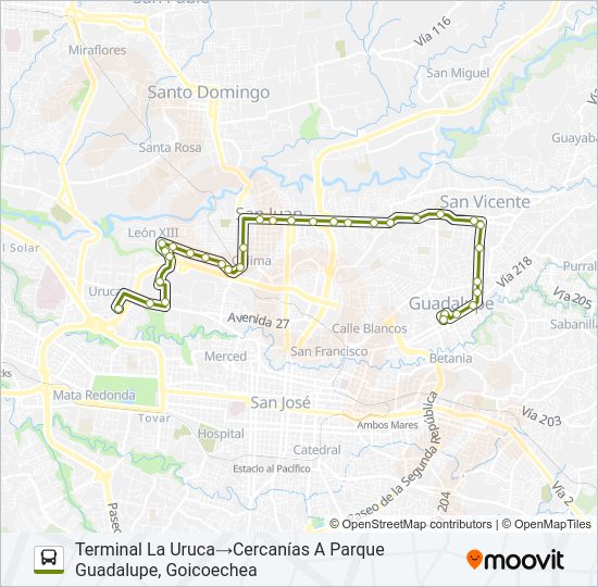 Mapa de INTER URUCA - TIBÁS - MORAVIA - GUADALUPE de autobús