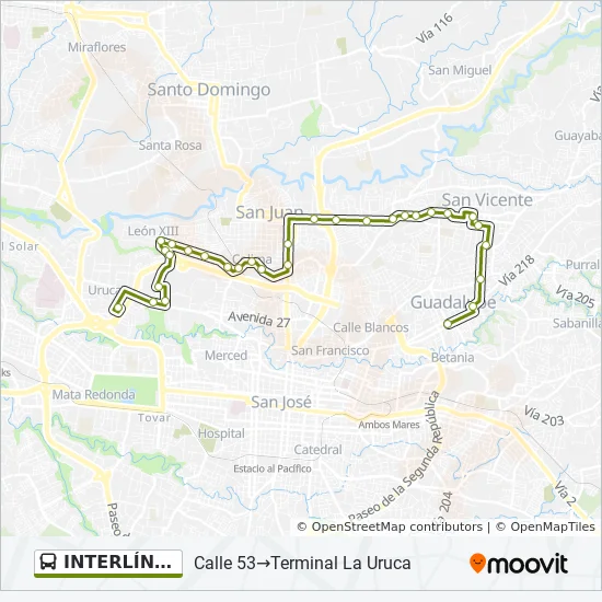 INTERLÍNEA URUCA - TIBÁS - MORAVIA - GUADALUPE Bus Line Map