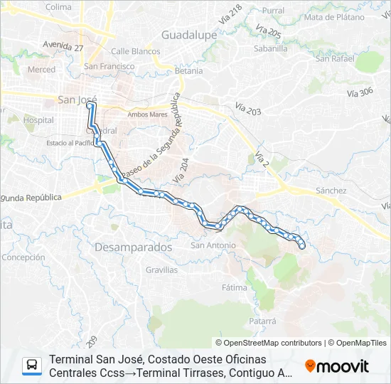 SAN JOSÉ - TIRRASES POR SAN FRANCISCO Bus Line Map