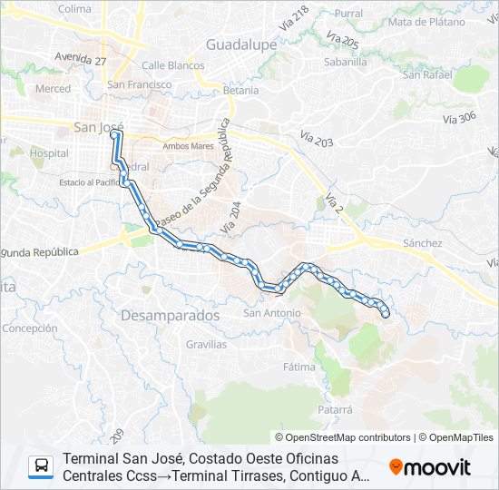 Mapa de SAN JOSÉ - TIRRASES POR SAN FRANCISCO de autobús