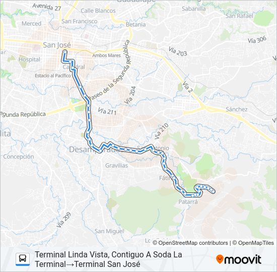 Mapa de SAN JOSÉ - LINDA VISTA POR DESAMPARADOS de autobús