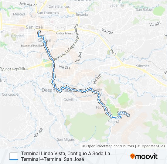 SAN JOSÉ - LINDA VISTA POR DESAMPARADOS bus Line Map