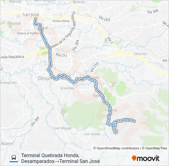 SAN JOSÉ - DESAMPARADOS - QUEBRADA HONDA Bus Line Map