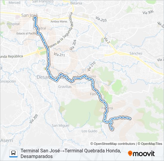 Mapa de SAN JOSÉ - DESAMPARADOS - QUEBRADA HONDA de autobús