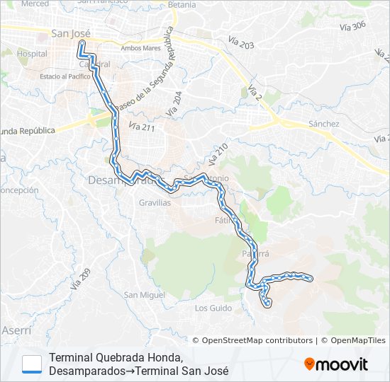 Mapa de SAN JOSÉ - DESAMPARADOS - QUEBRADA HONDA de autobús