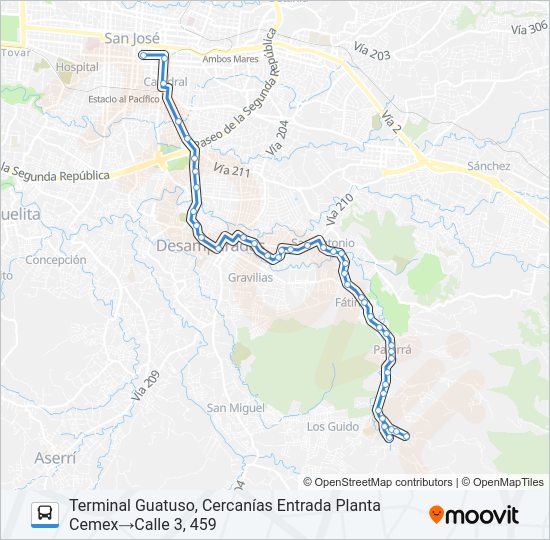 SAN JOSE - SAN ANTONIO - PATARRÁ - GUATUSO Bus Line Map