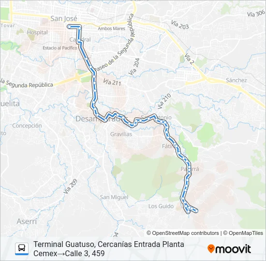 SAN JOSE - SAN ANTONIO - PATARRÁ - GUATUSO Bus Line Map