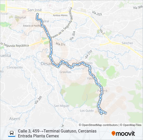 SAN JOSE - SAN ANTONIO - PATARRÁ - GUATUSO Bus Line Map