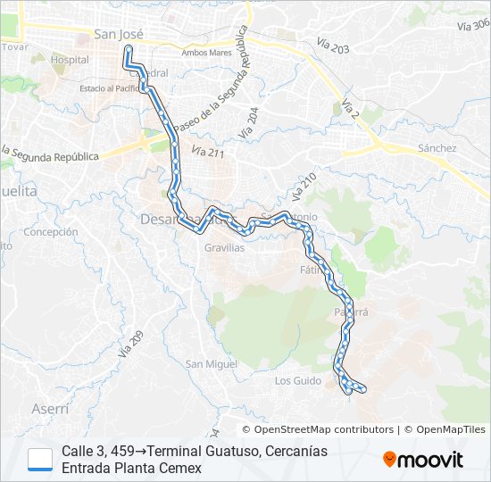 Mapa de SAN JOSE - SAN ANTONIO - PATARRÁ - GUATUSO de autobús