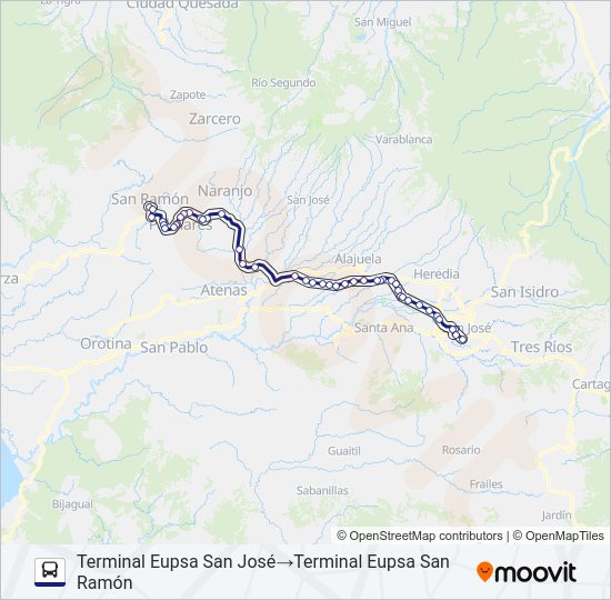 Mapa de SAN JOSÉ - SAN RAMÓN DIRECTO de autobús