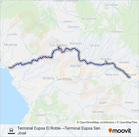 Mapa de SAN JOSÉ - EL ROBLE PUNTARENAS INDIRECTO de autobús