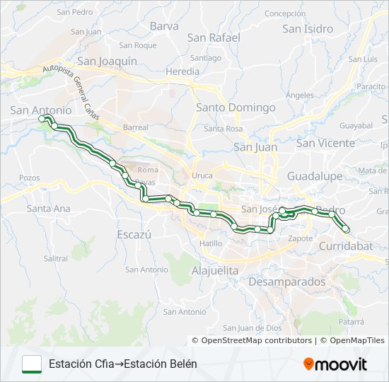 Mapa de BELÉN - PAVAS - CURRIDABAT de tren