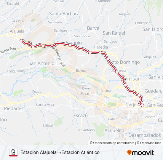 Mapa de ALAJUELA - HEREDIA - SAN JOSÉ de tren
