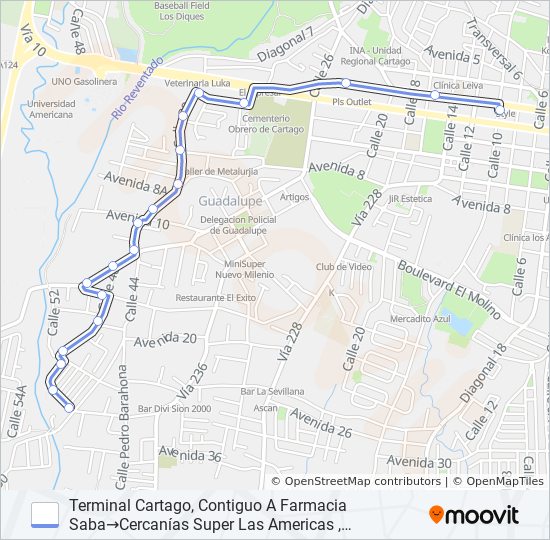 Mapa de CARTAGO - GUADALUPE de autobús