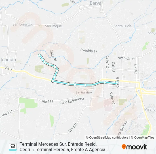 HEREDIA - MERCEDES SUR Bus Line Map