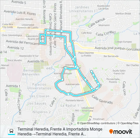 HEREDIA - MIRAFLORES Bus Line Map
