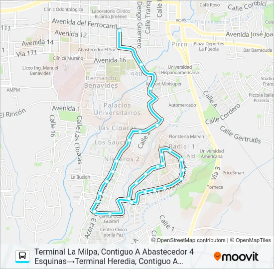 HEREDIA - GUARARI - LA MILPA Bus Line Map