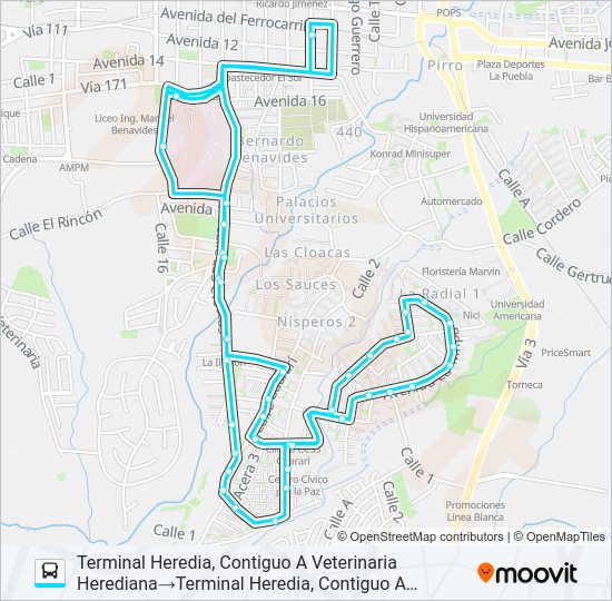 Mapa de HEREDIA - LA MILPA POR HOSPITAL de autobús