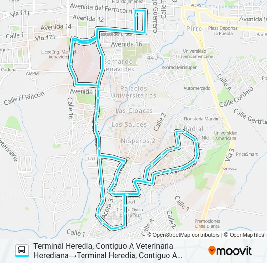 HEREDIA - LA MILPA POR HOSPITAL Bus Line Map