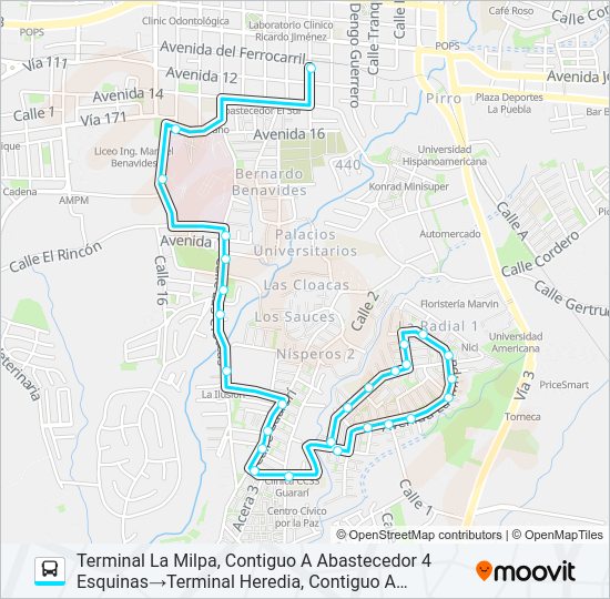 Mapa de HEREDIA - LA MILPA POR HOSPITAL de autobús