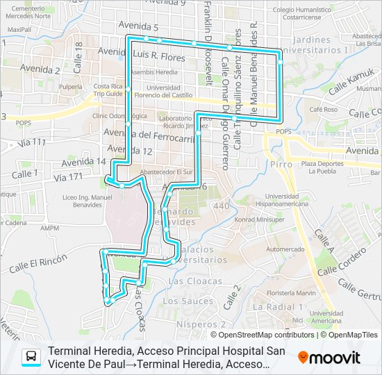 Mapa de PERIFÉRICA HEREDIA POR BERNARDO BENAVIDES de autobús