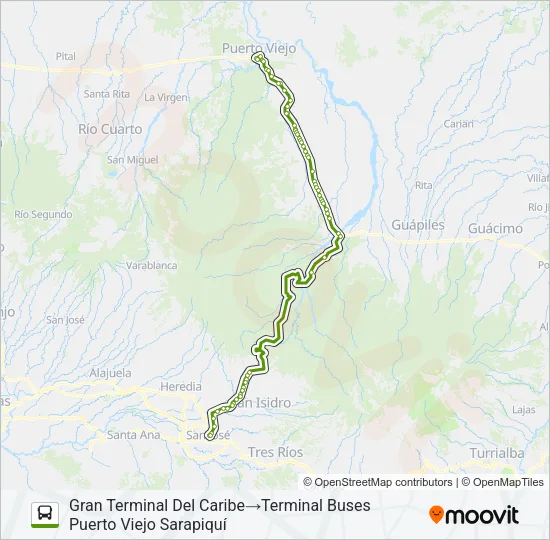 SAN JOSÉ - PUERTO VIEJO DE SARAPIQUÍ POR PISTA Bus Line Map