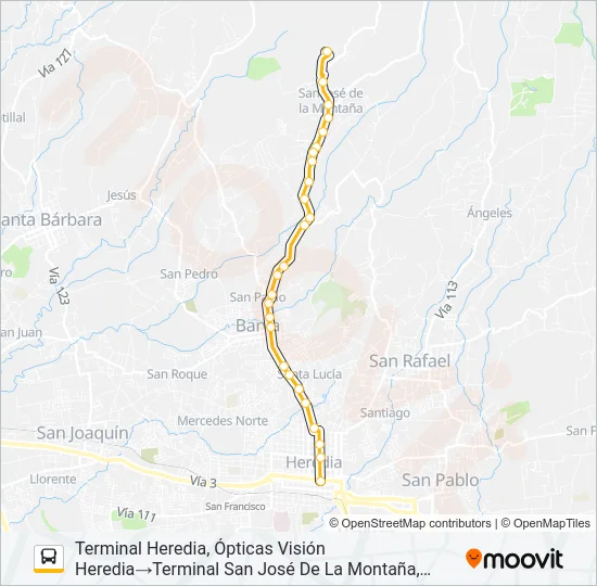 HEREDIA - SAN JOSÉ DE LA MONTAÑA Bus Line Map