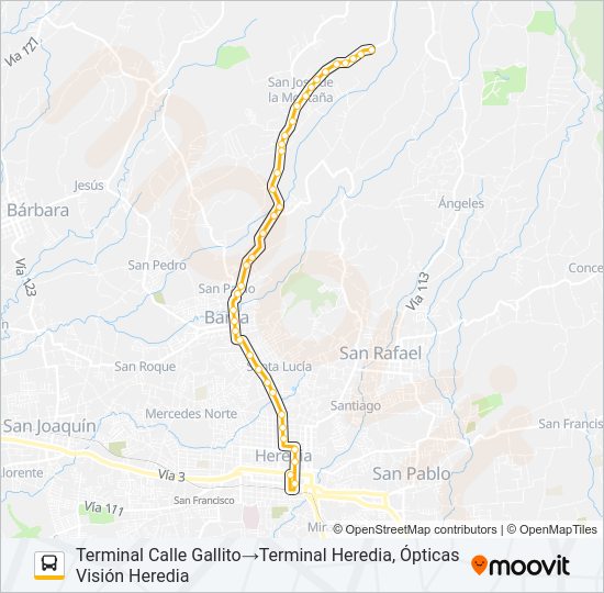 Mapa de HEREDIA - SAN JOSÉ DE LA MONTAÑA de autobús