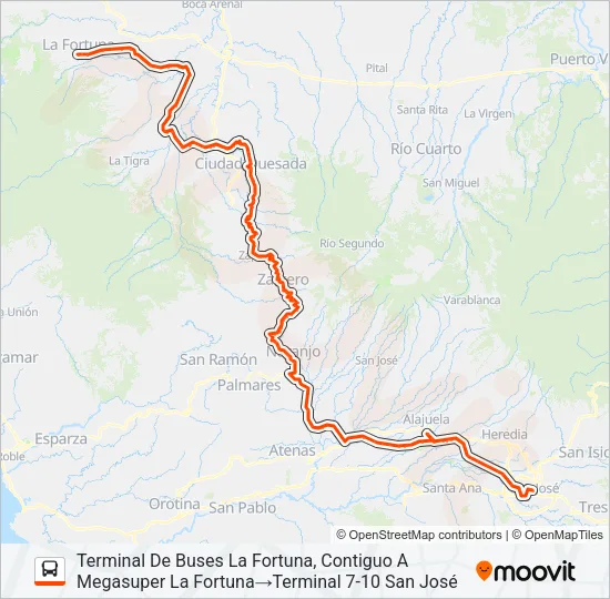 SAN JOSÉ - LA FORTUNA Bus Line Map