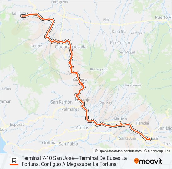Mapa de SAN JOSÉ - LA FORTUNA de autobús