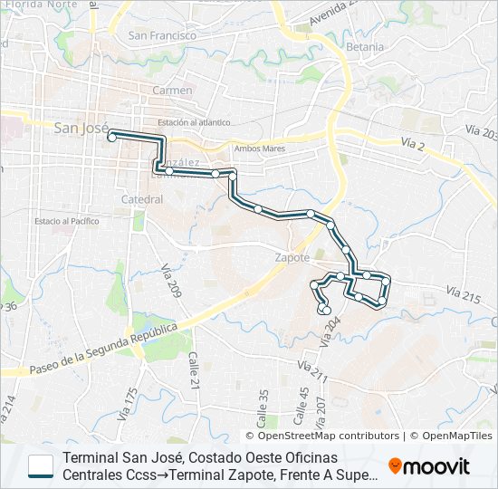 Mapa de SAN JOSÉ - ZAPOTE POR LA CORTE de autobús