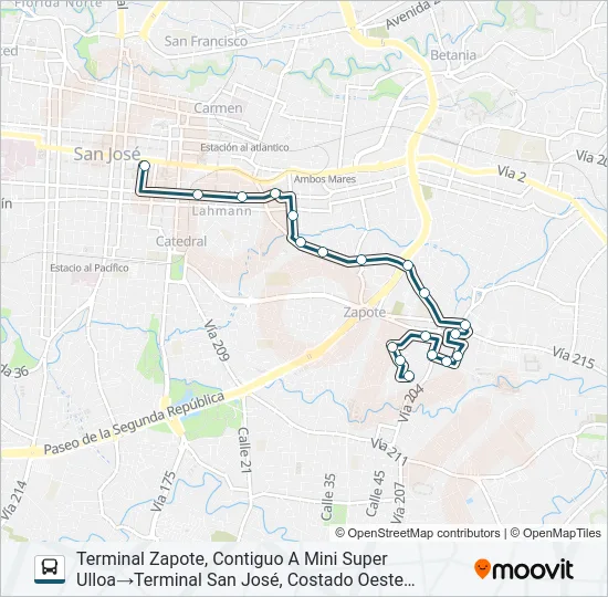 SAN JOSÉ - ZAPOTE POR LA CORTE Bus Line Map