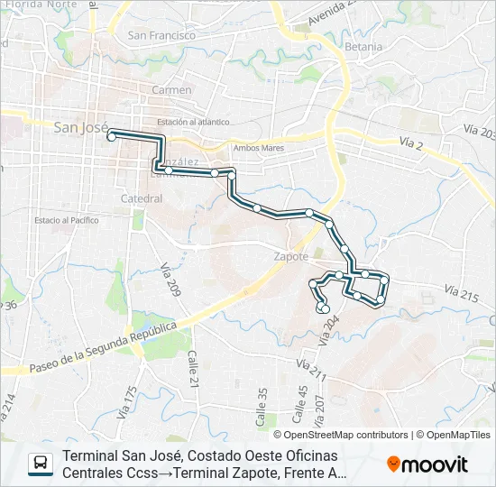 SAN JOSÉ - ZAPOTE POR LA CORTE Bus Line Map