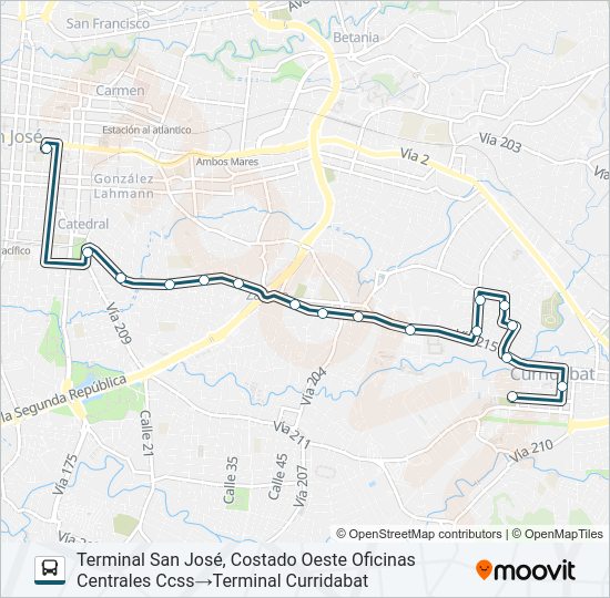 Mapa de SAN JOSE - CURRIDABAT - ZAPOTE POR LA PISTA de autobús