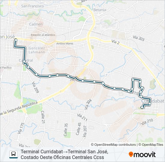 Mapa de SAN JOSE - CURRIDABAT - ZAPOTE POR LA PISTA de autobús