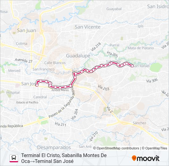 Mapa de SAN JOSÉ - SAN PEDRO - SABANILLA de autobús