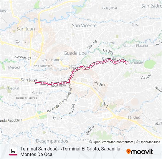 Mapa de SAN JOSÉ - SAN PEDRO - SABANILLA de autobús
